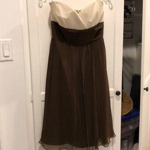 Strapless chocolate brown white silk dress
